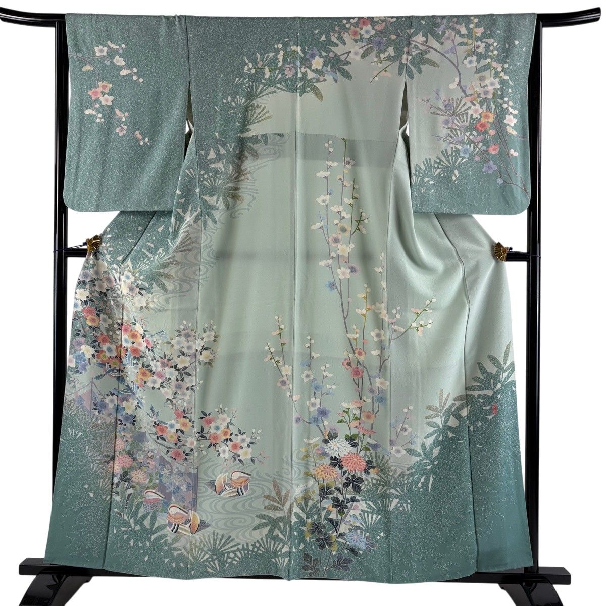 訪問着 身丈159cm 裄丈65cm M 袷 落款 鴛鴦 桜 ぼかし 薄緑 正絹 名品 【中古】 13,172円