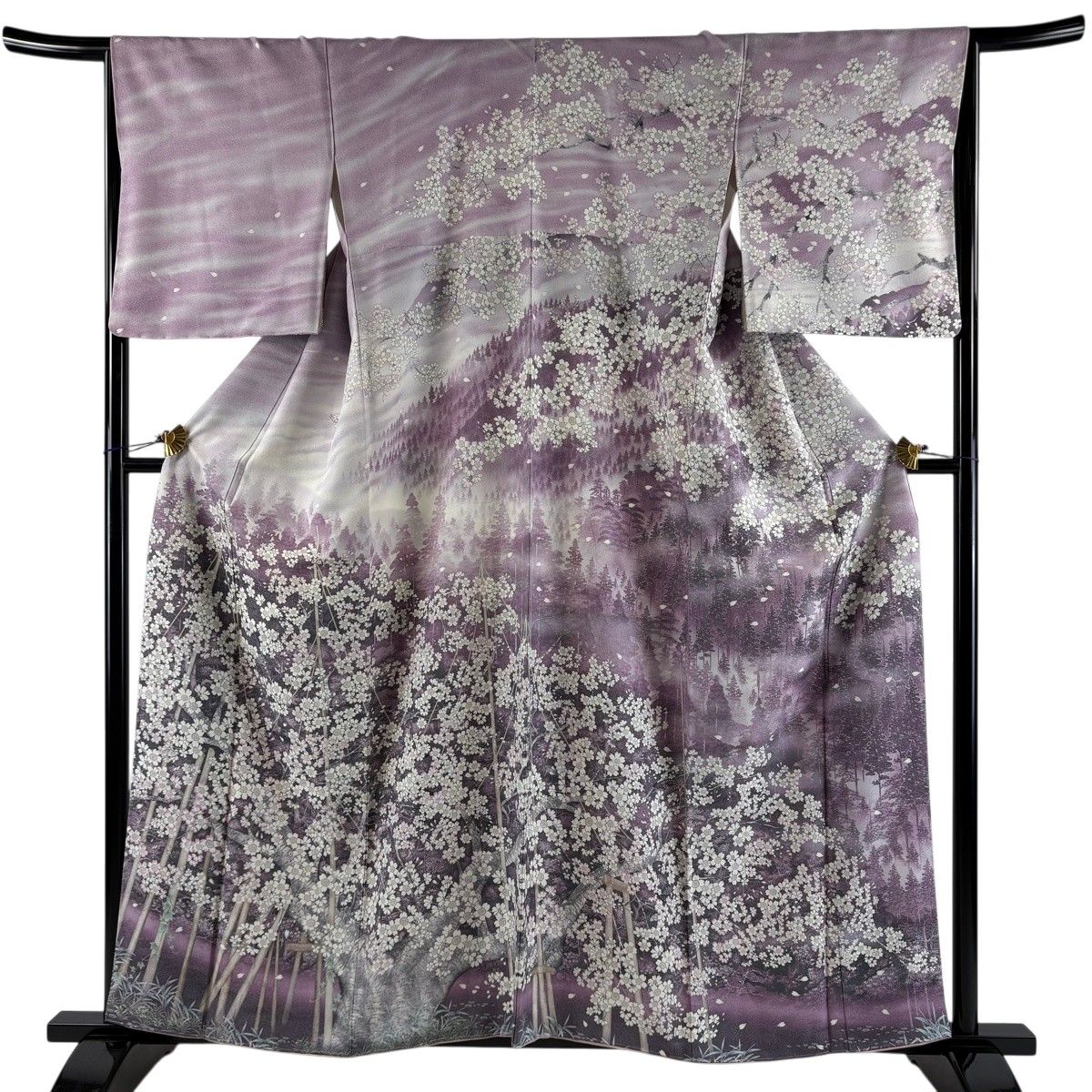 【美品】 訪問着 身丈158.5cm 裄丈66cm M 袷 ほていや 桜 樹木 銀通し 薄紫 正絹 名品 【中古】