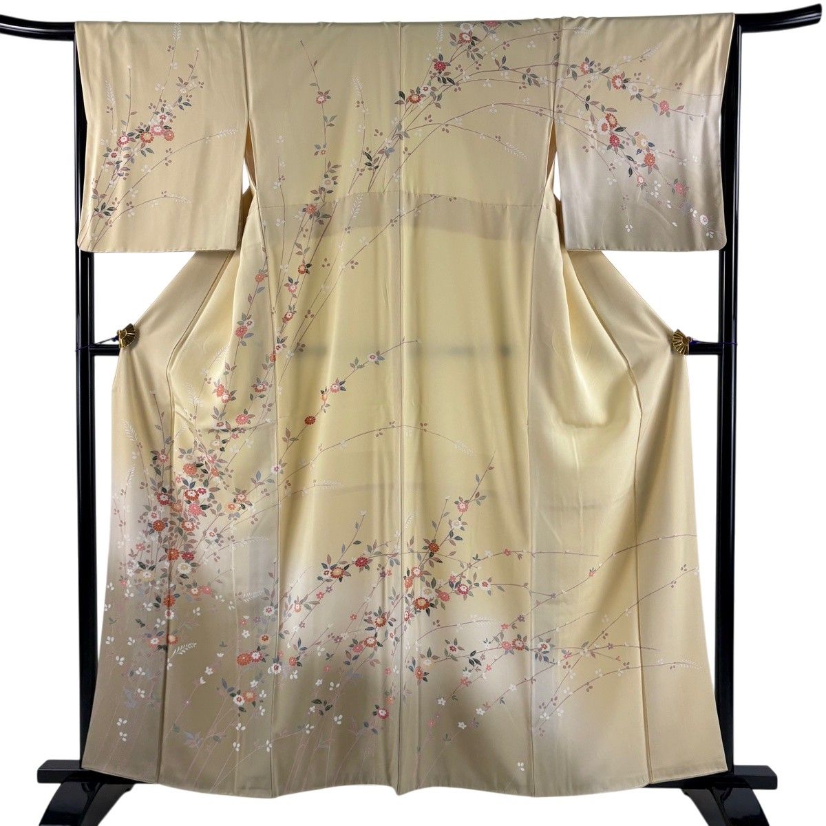訪問着 身丈159.5cm 裄丈66cm M 袷 秋草 染め分け ベージュ 正絹 名品 【中古】