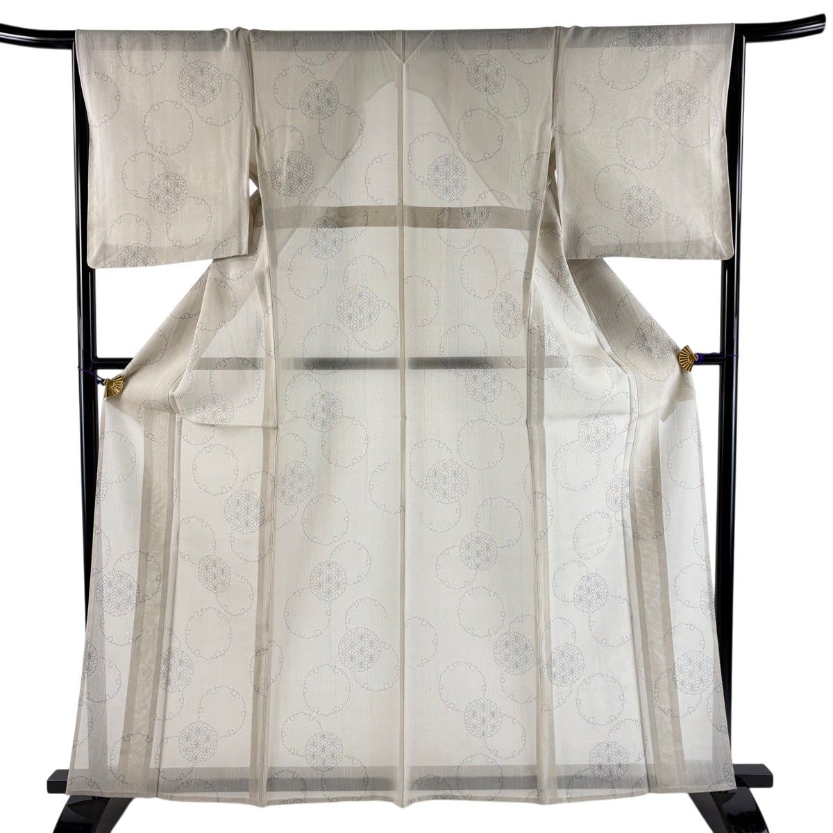 【美品】 紬 身丈163cm 裄丈65cm M 薄物 夏紬 雪輪 麻の葉 ベージュ 正絹 名品 【中古】