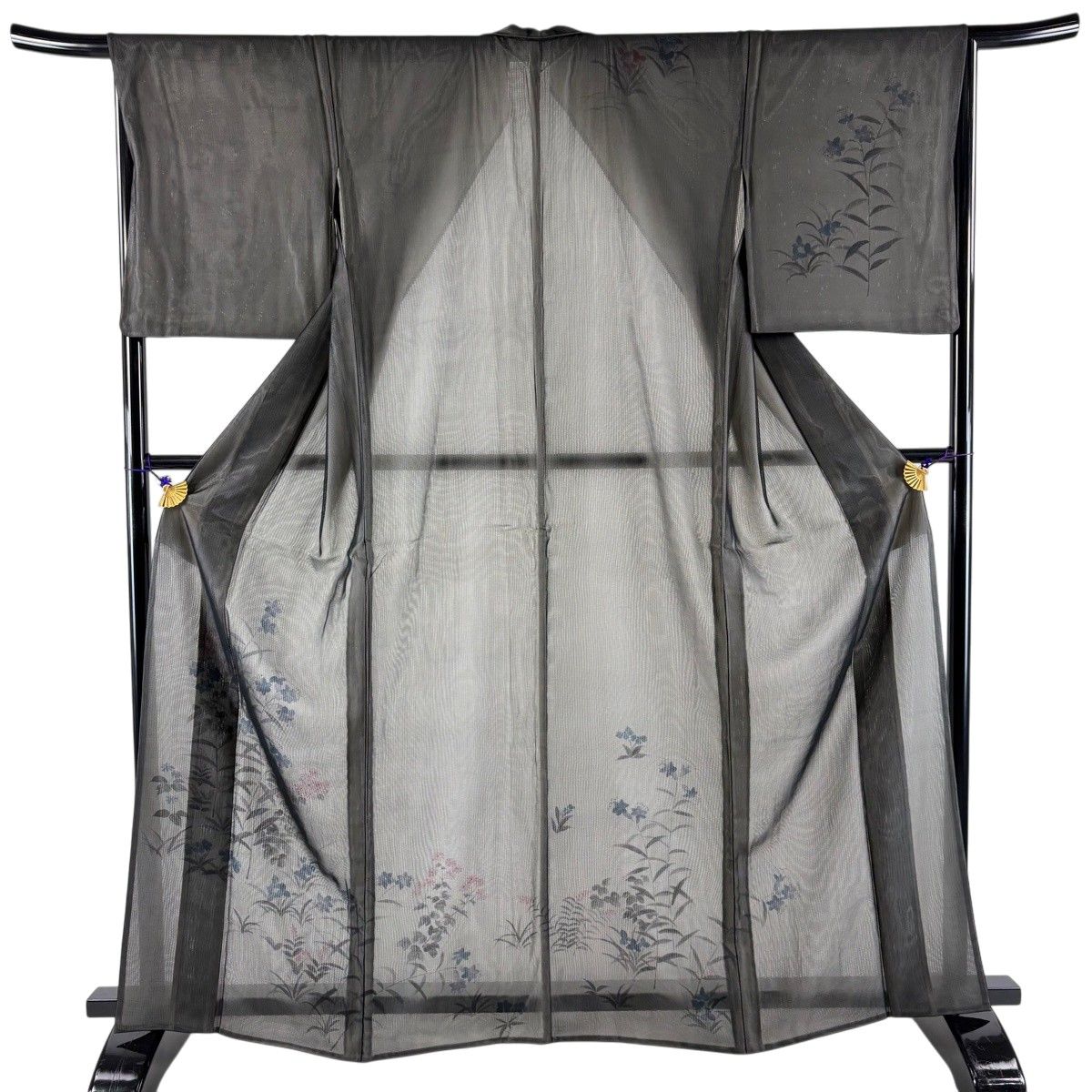 訪問着 身丈165cm 裄丈66cm M 紗絽袷 草花 黒 正絹 名品 【中古】