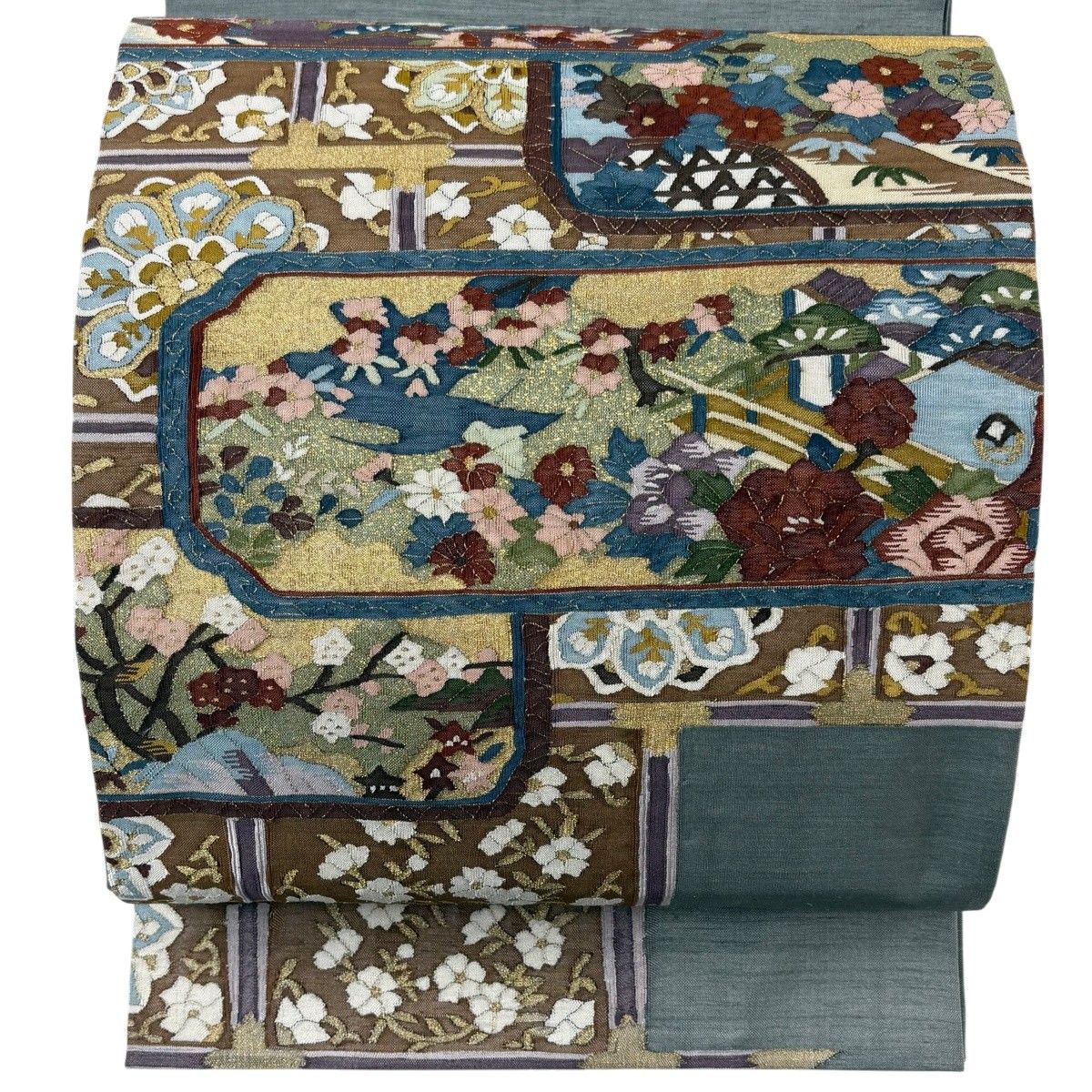【美品】 袋帯 逸品 違い棚 草花 金糸 綴れ 灰緑 お太鼓柄 正絹 【中古】