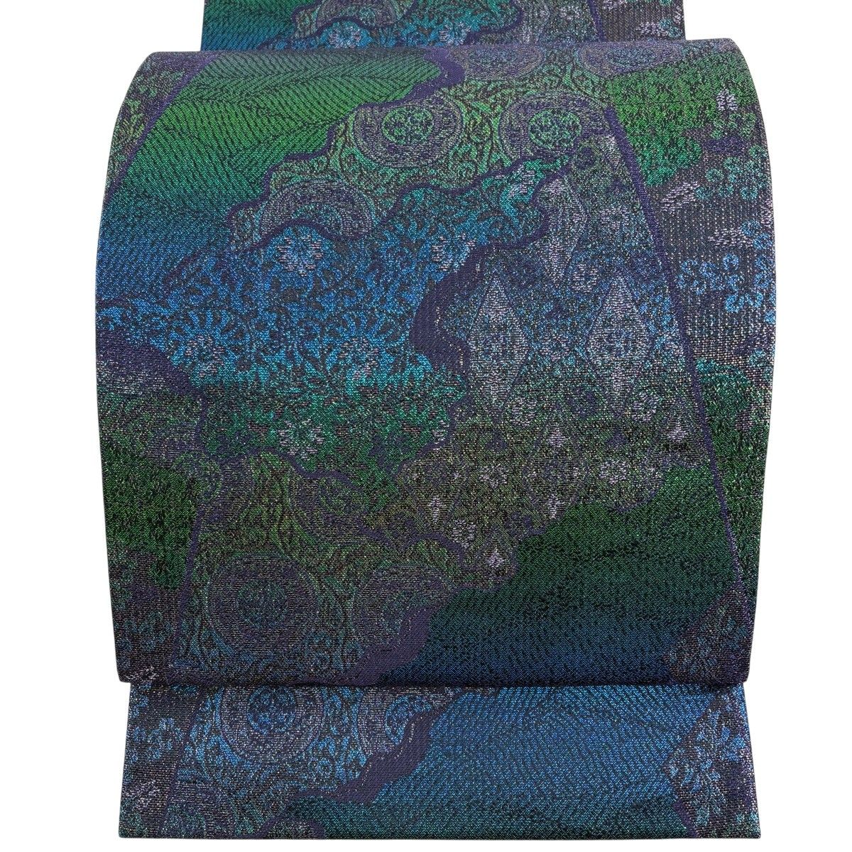 【美品】 袋帯 逸品 裂取り 箔 青紫 六通 正絹 【中古】
