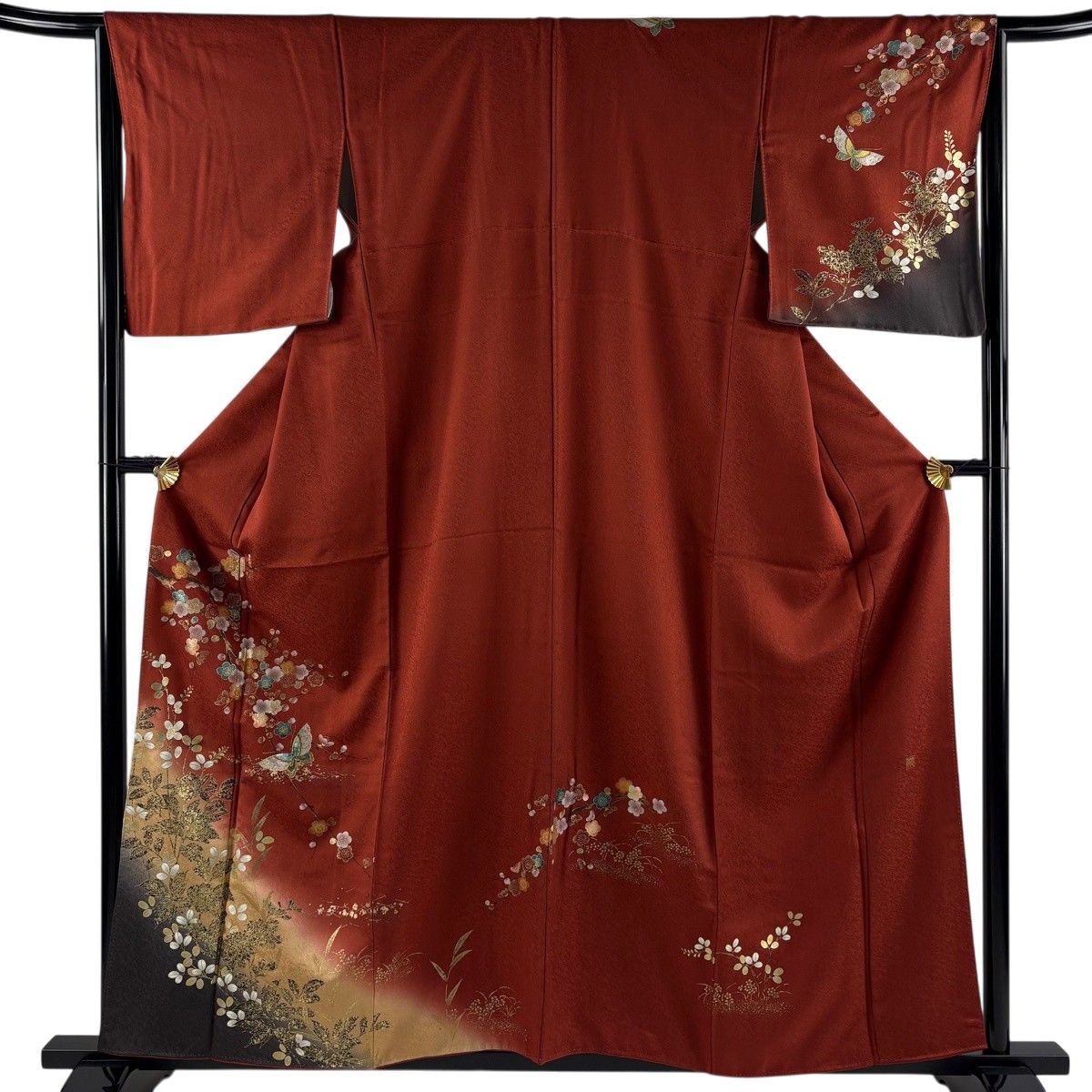 訪問着 身丈158.5cm 裄丈64.5cm M 袷 落款 蝶 枝梅 螺鈿 金銀彩 茜色