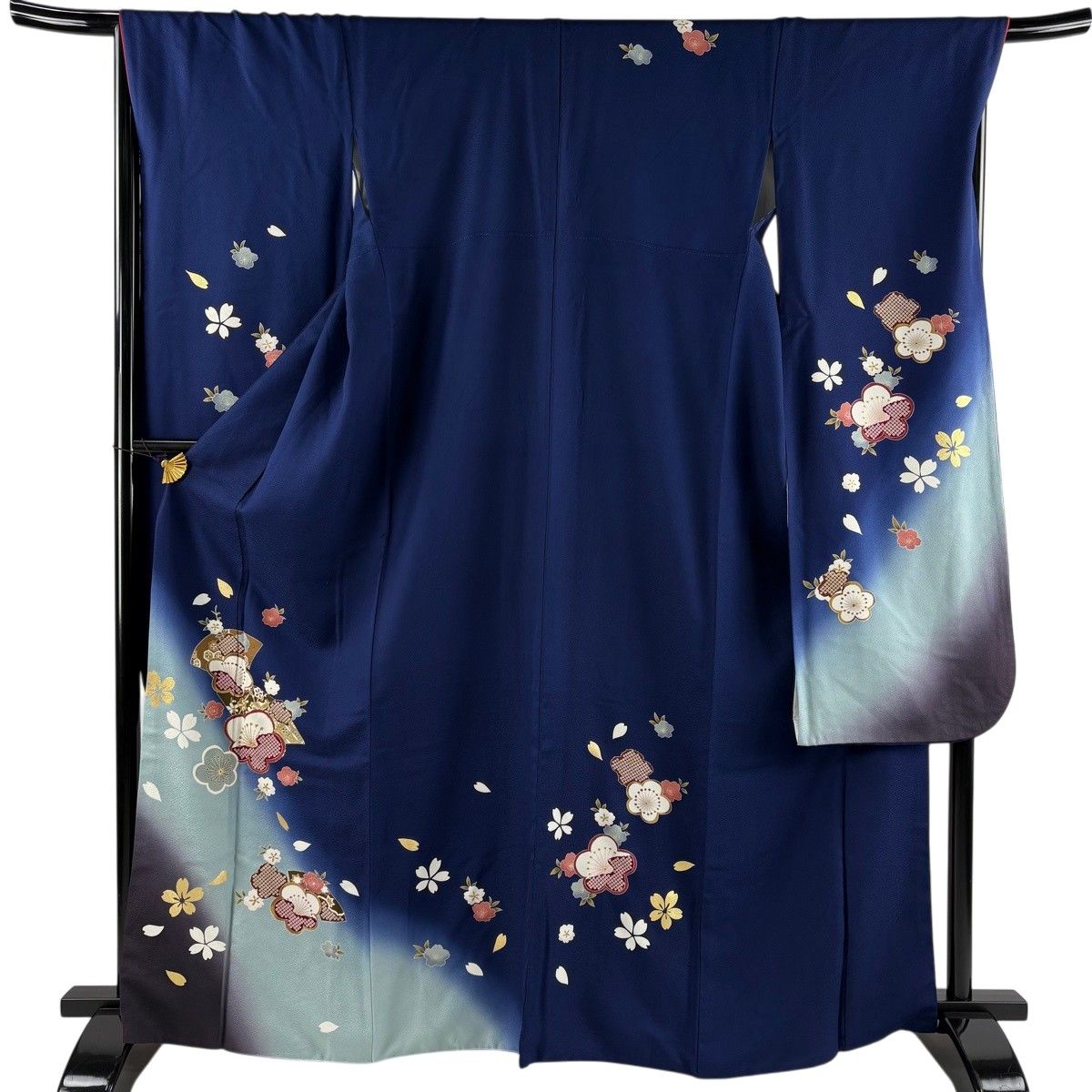 振袖 身丈165cm 裄丈67.5cm L 袷 扇 梅 箔 金彩 紺色 正絹 秀品 【中古】