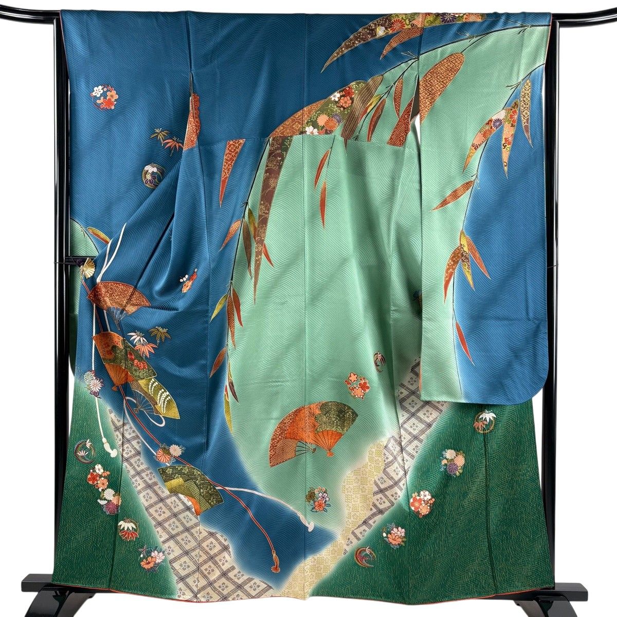 振袖 身丈161cm 裄丈64.5cm M 袷 扇 松竹梅 金糸 金彩 青緑 正絹 秀品 【中古】