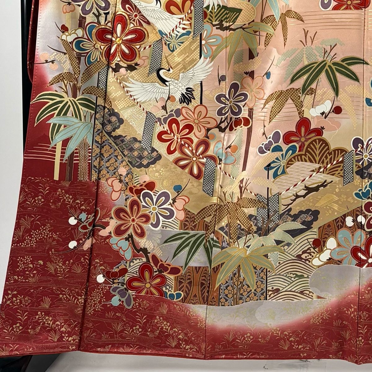 振袖 身丈165.5cm 裄丈68cm L 袷 鶴 松竹梅 金糸 金彩 赤茶 正絹 秀品 