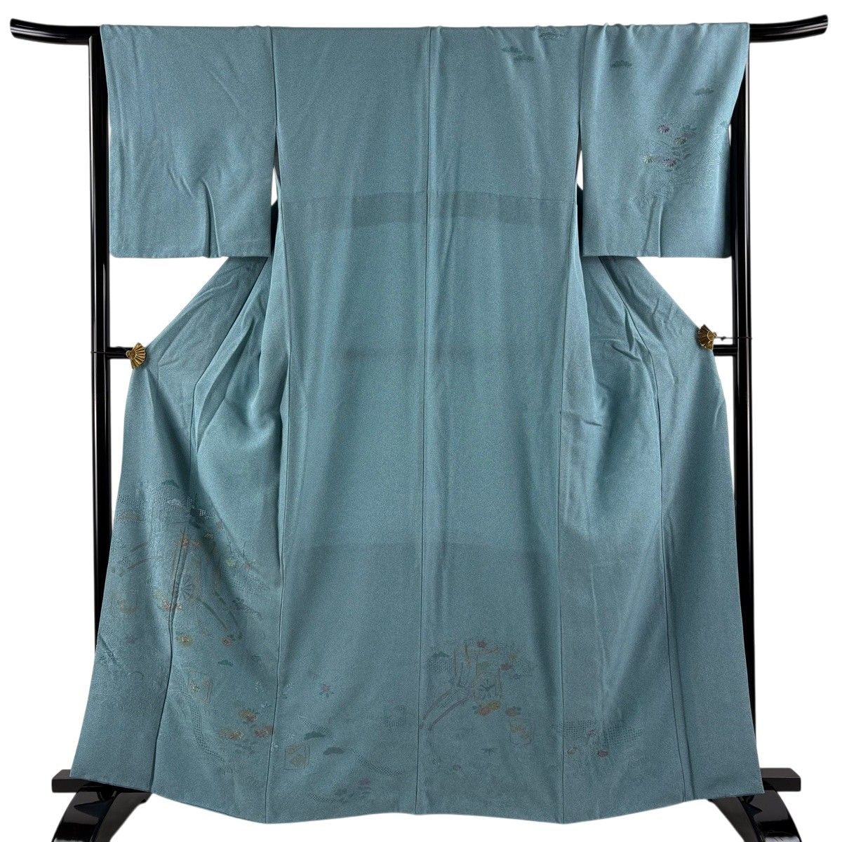 訪問着 身丈162.5cm 裄丈66.5cm M 袷 御所車 松竹梅 金糸 刺繍 水色 正絹 秀品 【中古】