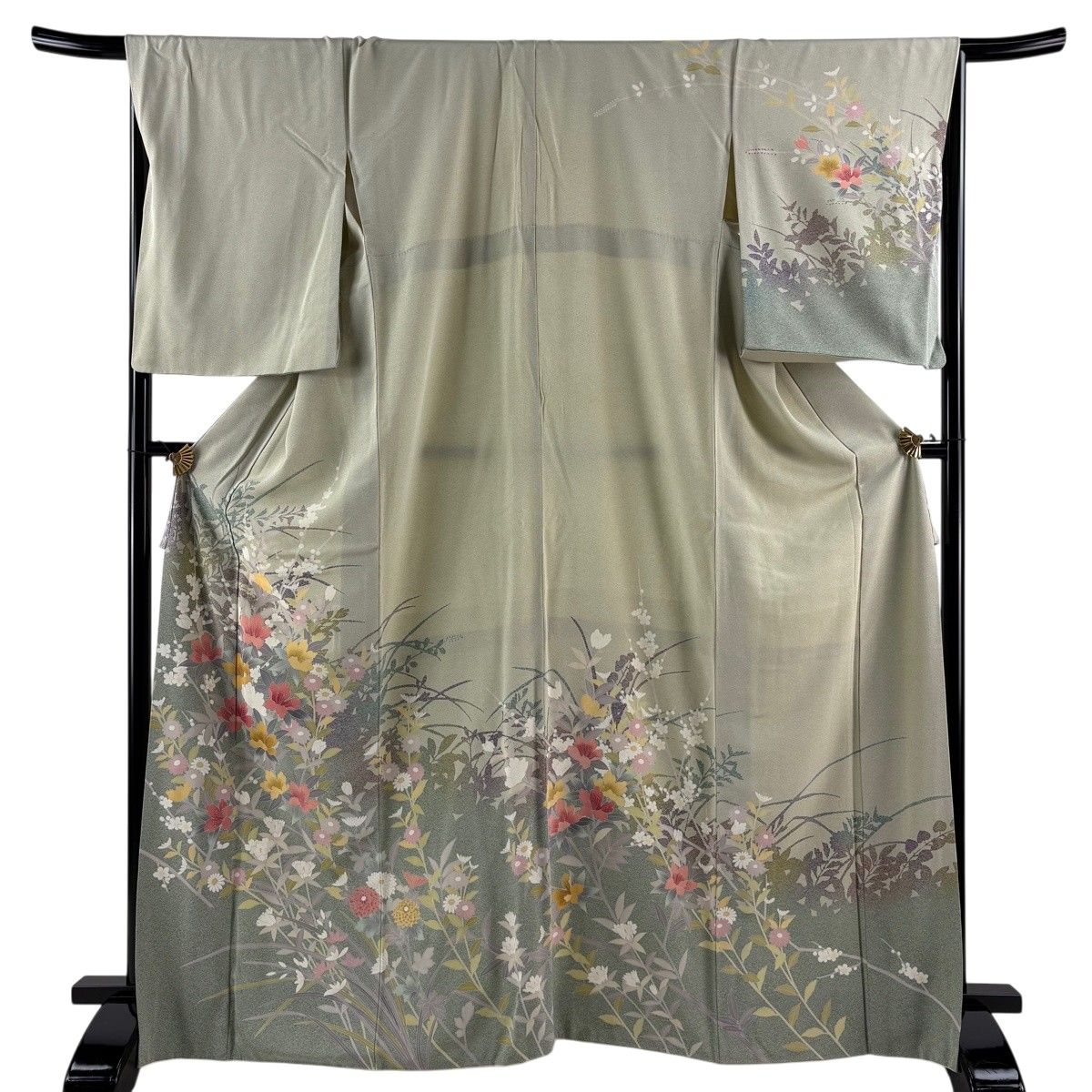 【美品】 訪問着 身丈168.5cm 裄丈68cm L 袷 草花 シルエット 染め分け 薄緑 正絹 秀品 【中古】