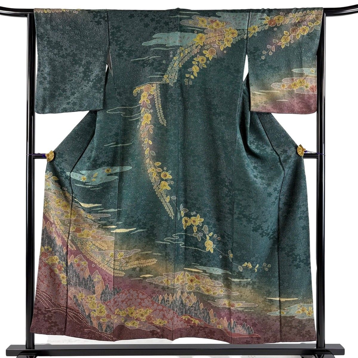 美品】 訪問着 身丈152.5cm 裄丈65cm M 袷 辻が花 霞 銀通し 金彩 深緑