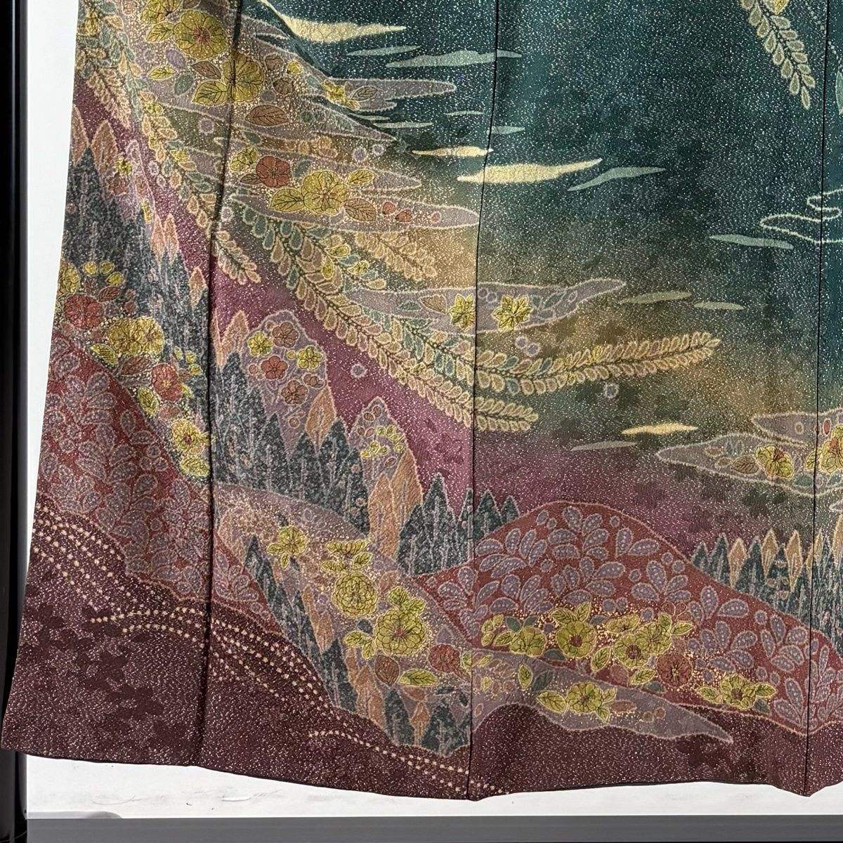 美品】 訪問着 身丈152.5cm 裄丈65cm M 袷 辻が花 霞 銀通し 金彩 深緑