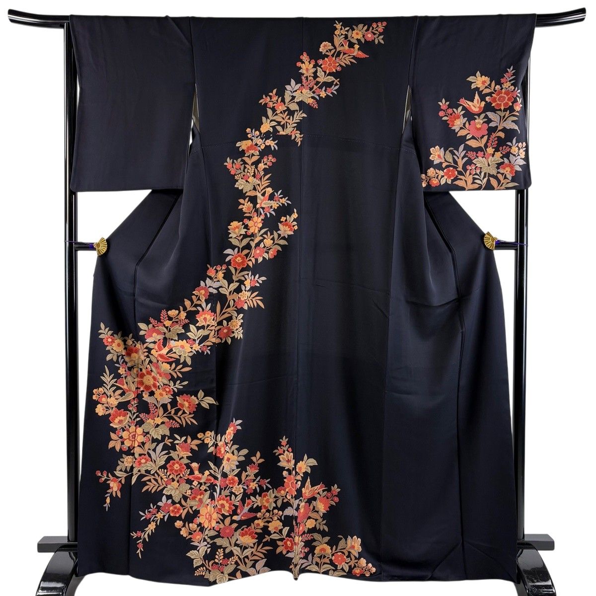 訪問着 身丈166.5cm 裄丈66cm M 袷 草花 鳥 金彩 黒 正絹 秀品 【中古 