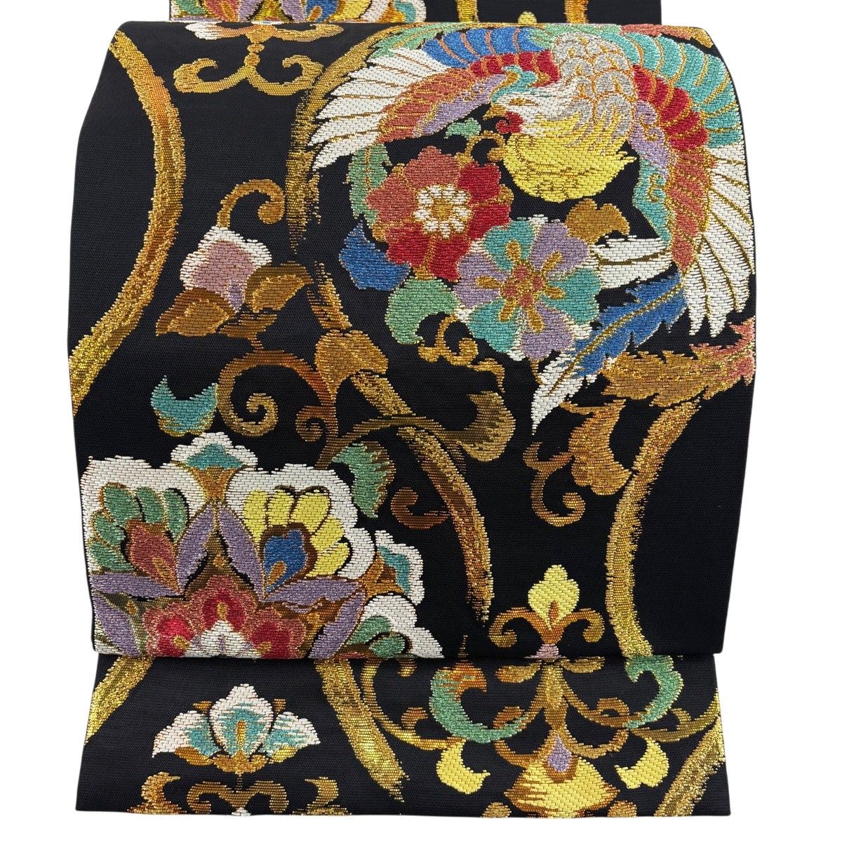 【美品】 袋帯 名品 鳳凰 華文 箔 金糸 黒 六通 正絹 【中古】