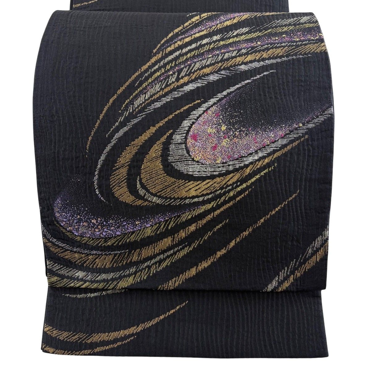 【美品】 袋帯 名品 幾何学模様 箔 金銀糸 黒 六通 正絹 【中古】