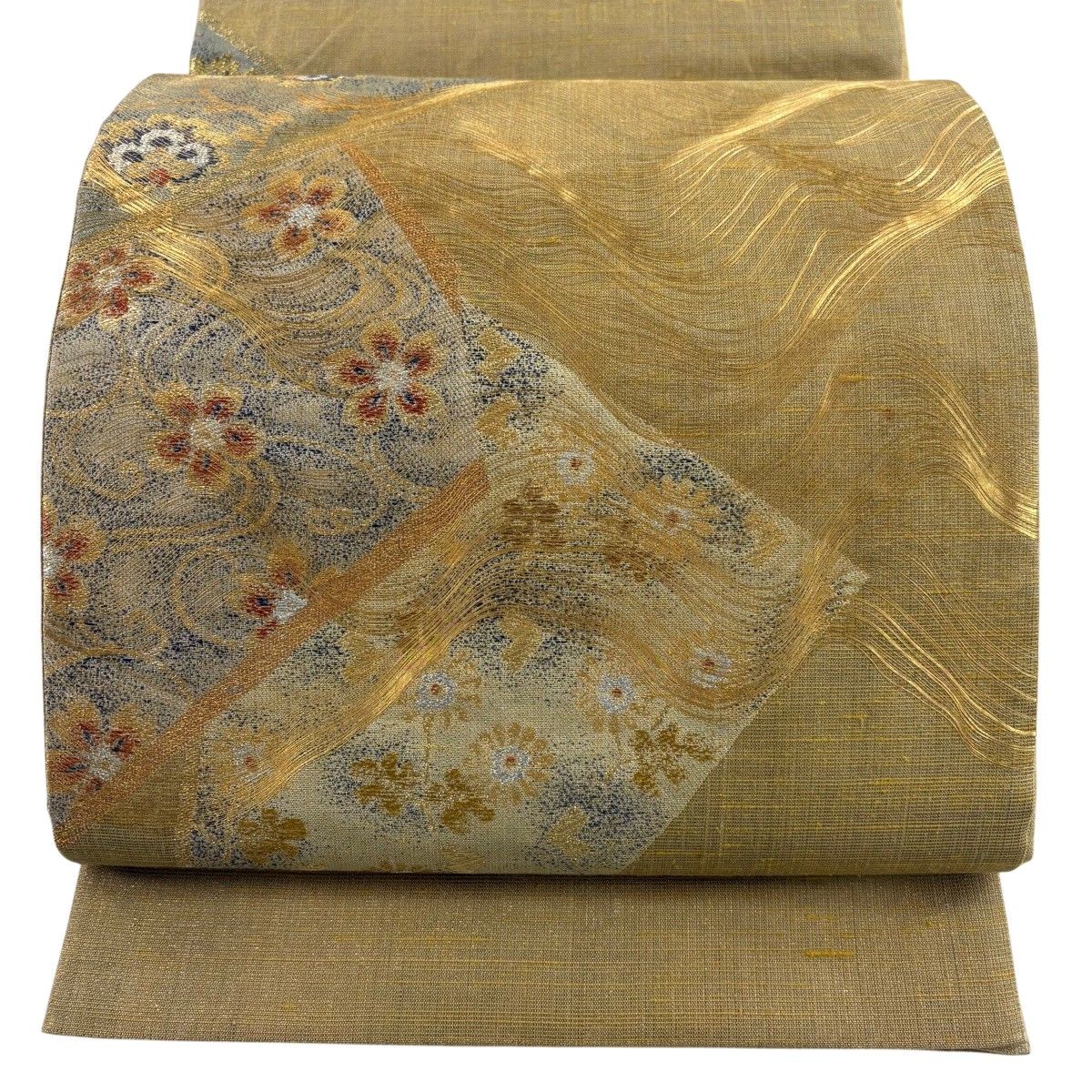 袋帯 名品 関西仕立て 花唐草 菊 金銀糸 箔 金色 お太鼓柄 正絹 【中古】