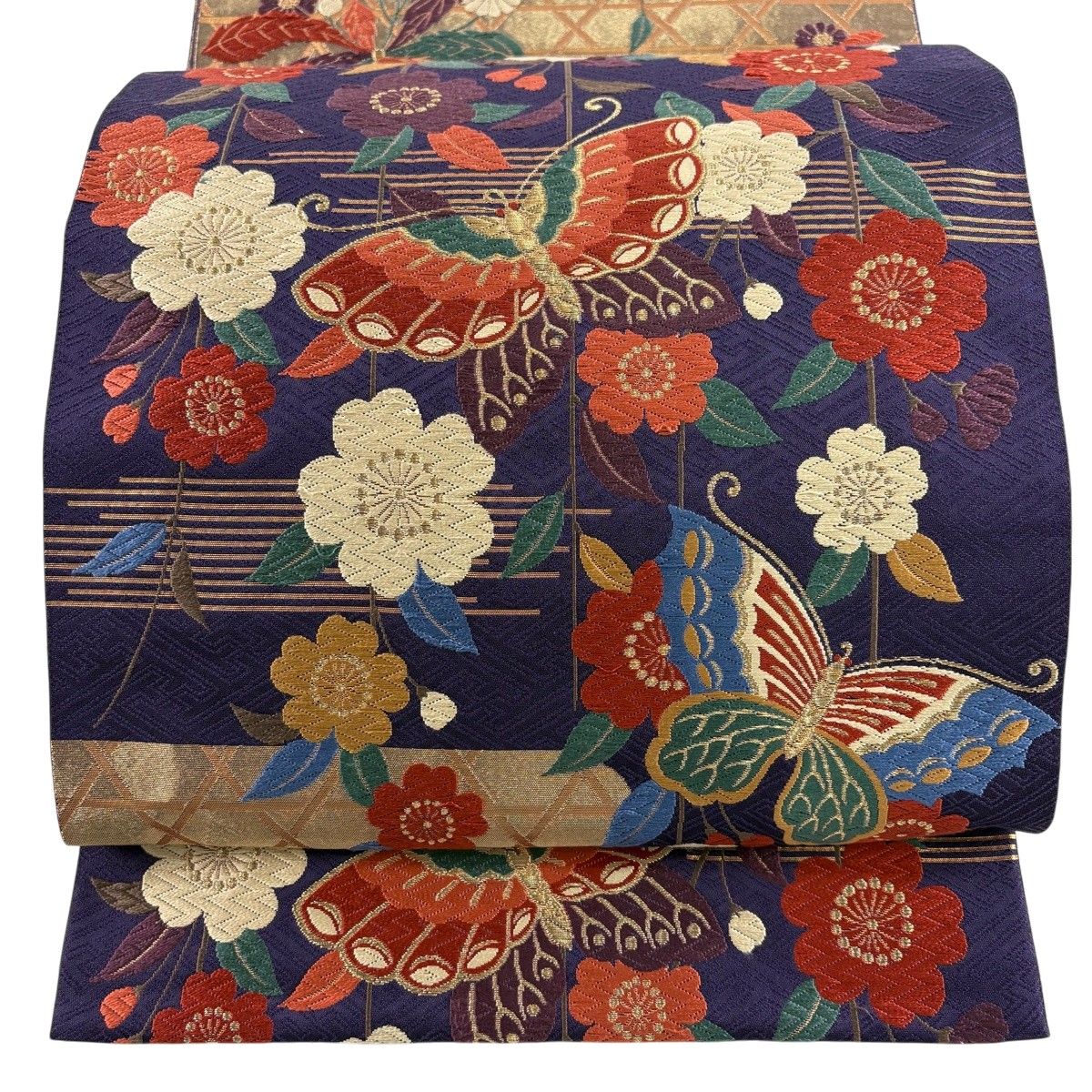 袋帯 名品 花井幸子 落款 蝶 枝垂れ桜 金糸 刺繍 紫 六通 正絹 【中古】
