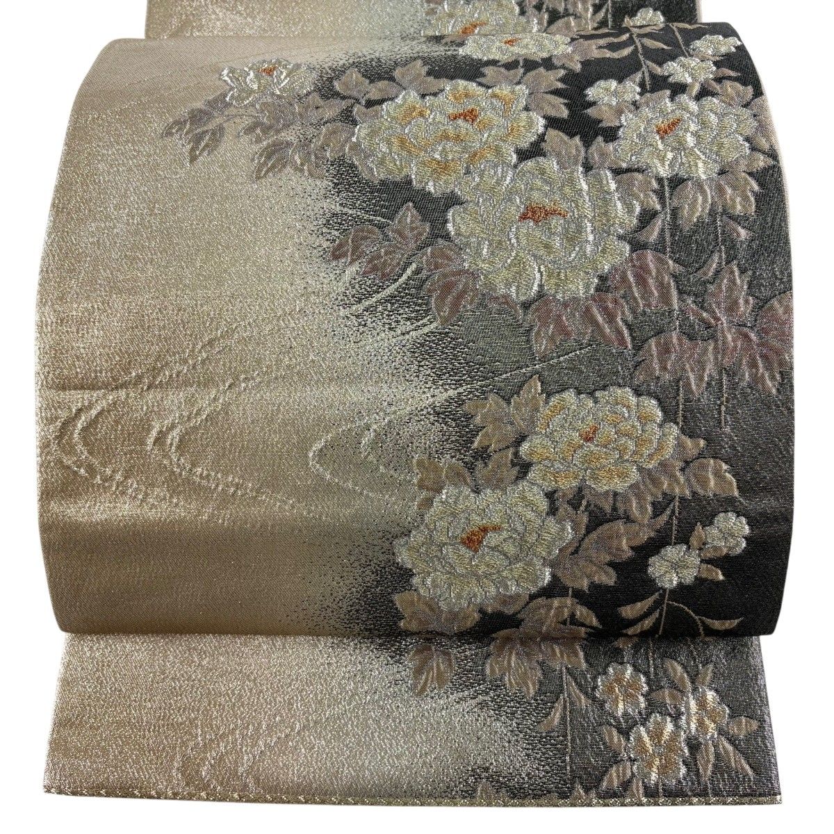 【美品】 袋帯 秀品 関西仕立て 牡丹 流水 金銀糸 箔 黒灰 六通 正絹 【中古】