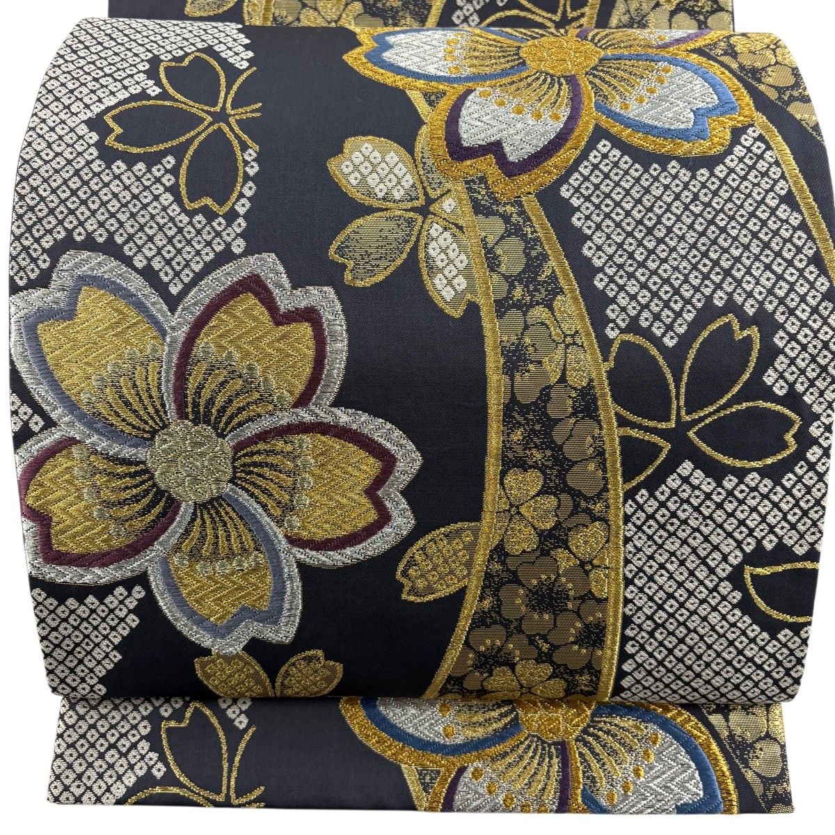 美品】 袋帯 秀品 振袖向き 桜 疋田 金銀糸 唐織 灰色 六通 正絹