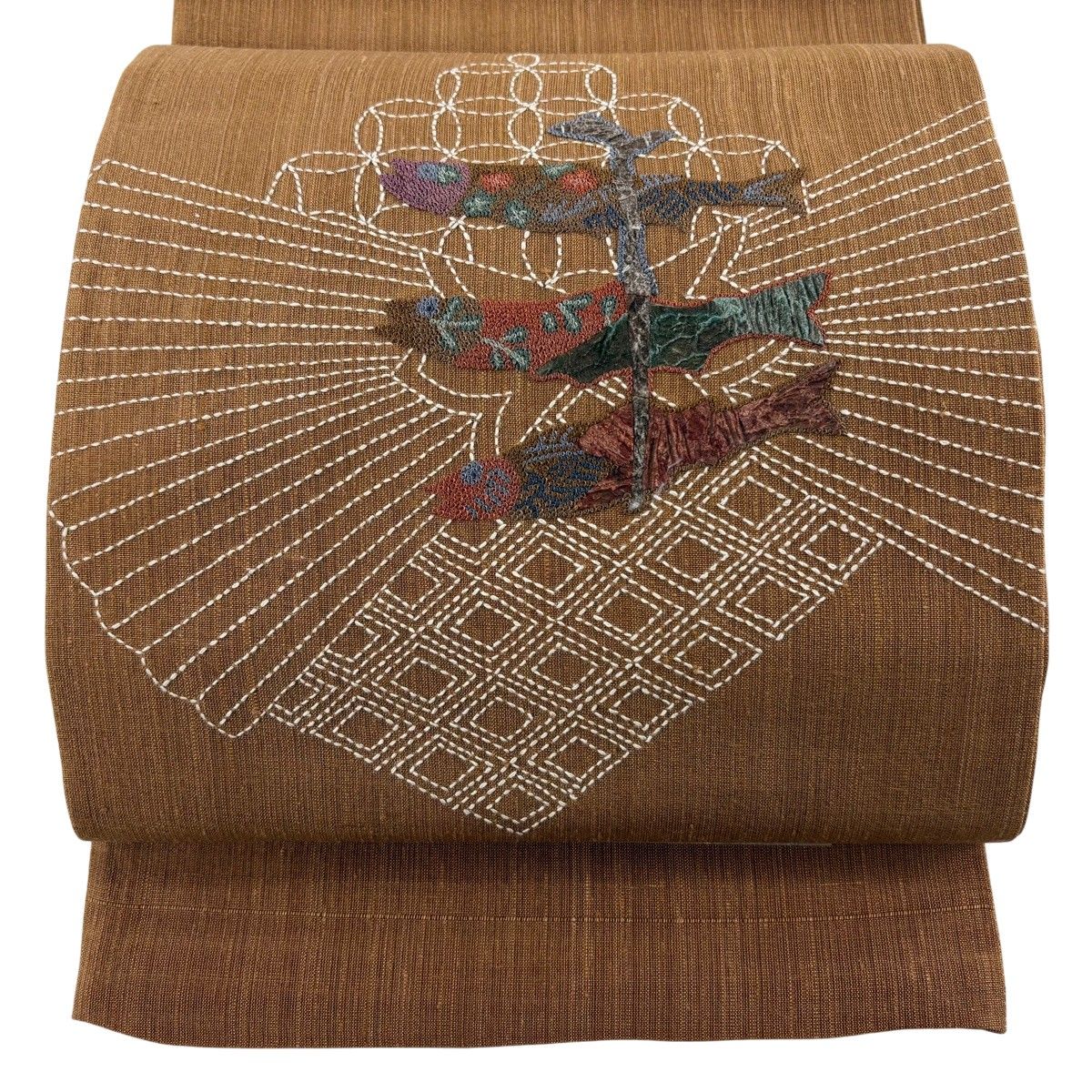 【美品】 袋帯 秀品 落款 証紙 蓑虫帯 夏帯 魚 七宝 刺繍 茶色 お太鼓柄 正絹 【中古】 8,968円