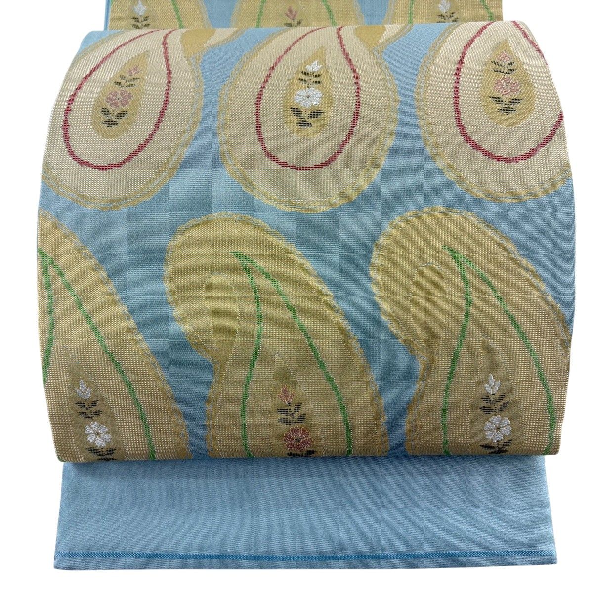 【美品】 袋帯 秀品 関西仕立て 勾玉 草花 箔 水色 六通 正絹 【中古】