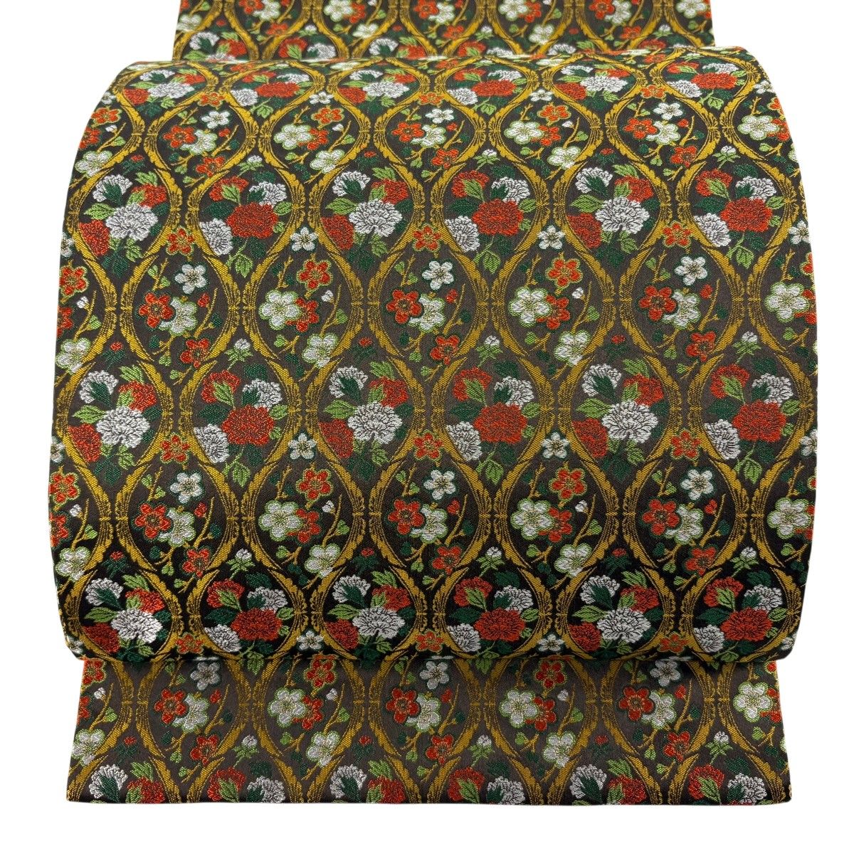 【美品】 開き名古屋帯 秀品 立涌 牡丹 焦茶色 正絹 【中古】