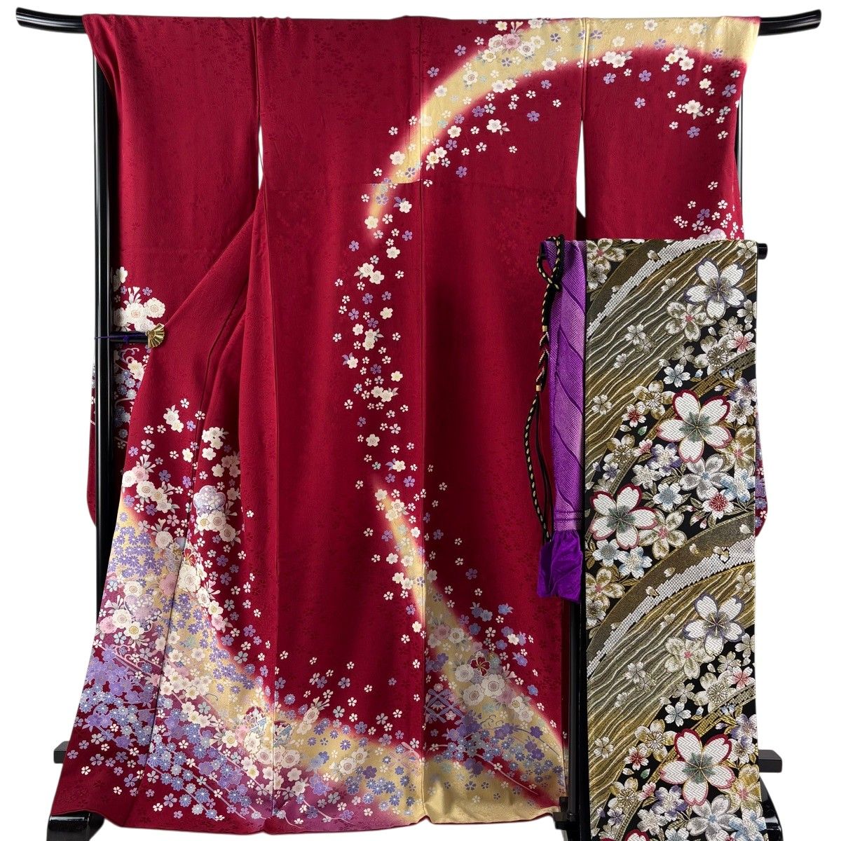 【美品】 振袖 身丈172cm 裄丈70.5cm L 袷 袋帯フルセット 桜 雪輪 金糸 金彩 赤 正絹 秀品 【中古】