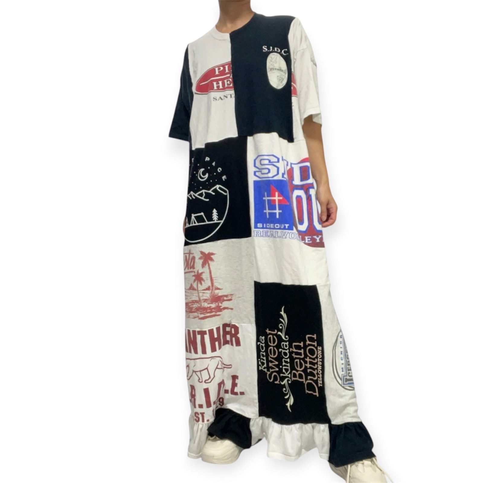 リメイク古着　半袖ワンピース　ロングワンピース　フリル・白・黒 13,392円