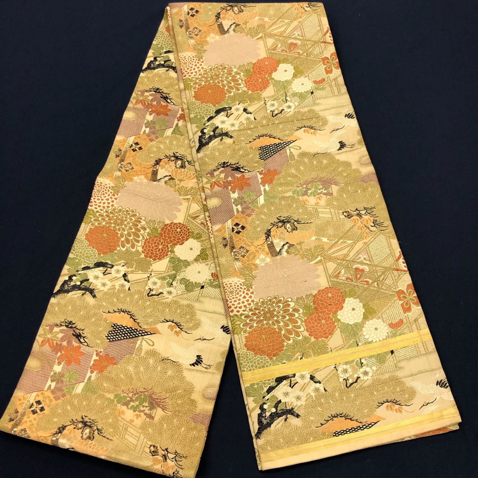 正絹 丸帯 金糸 鶴 松竹梅 菊◇レトロ アンティーク 大正ロマン