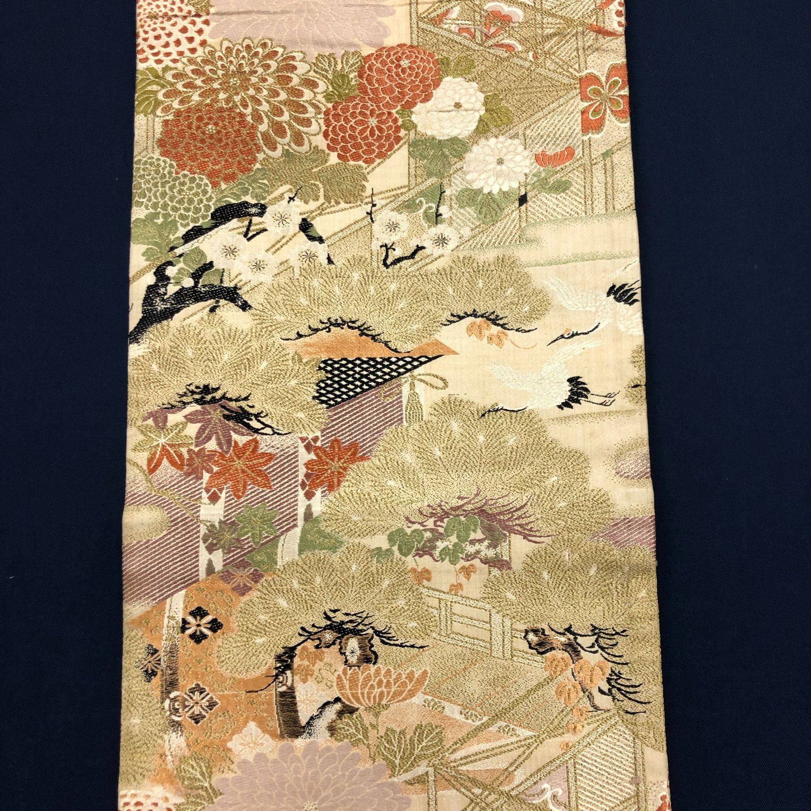 正絹 丸帯 金糸 鶴 松竹梅 菊◇レトロ アンティーク 大正ロマン