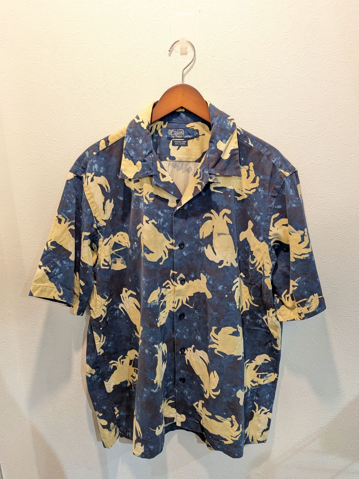 90s　Polo by Ralph Lauren　ポロバイラルフローレン　シャツ　半袖　オープンカラー　VINTAGE CAMP　総柄　カニ×ロブスター　Lサイズ