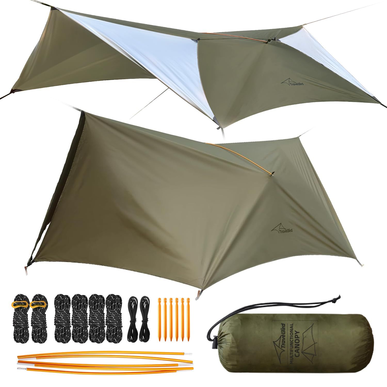 Travel Bird 4m x 2.8m キャンプ タープ ハンモック テント シェルター 軽量 防水 UVカット ドア付きタープ バックパッキング、キャンプ、ハイキング、ピクニック用の多機能テントタープ