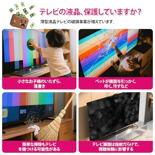 テレビ保護パネル 50インチ取り付け簡単 耐衝撃 固定ベルト付き指紋