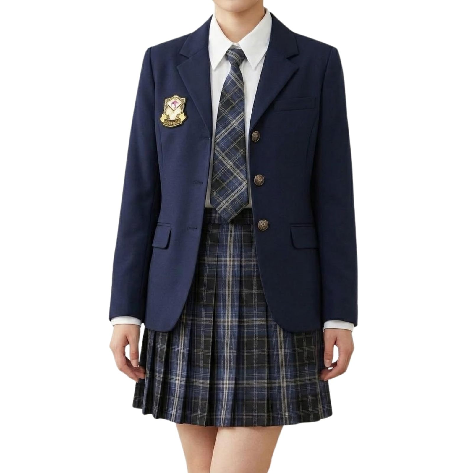 [CosMisty] 女子高生 制服 5点セット JK ブレザー スカート リボン シャツ ブラウス ワッペン付き スクール ファッション 学生服 コスプレ 文化祭 体育祭 ハロウィン 撮影 イベント 長袖 ブルー S-XL (L) [L]