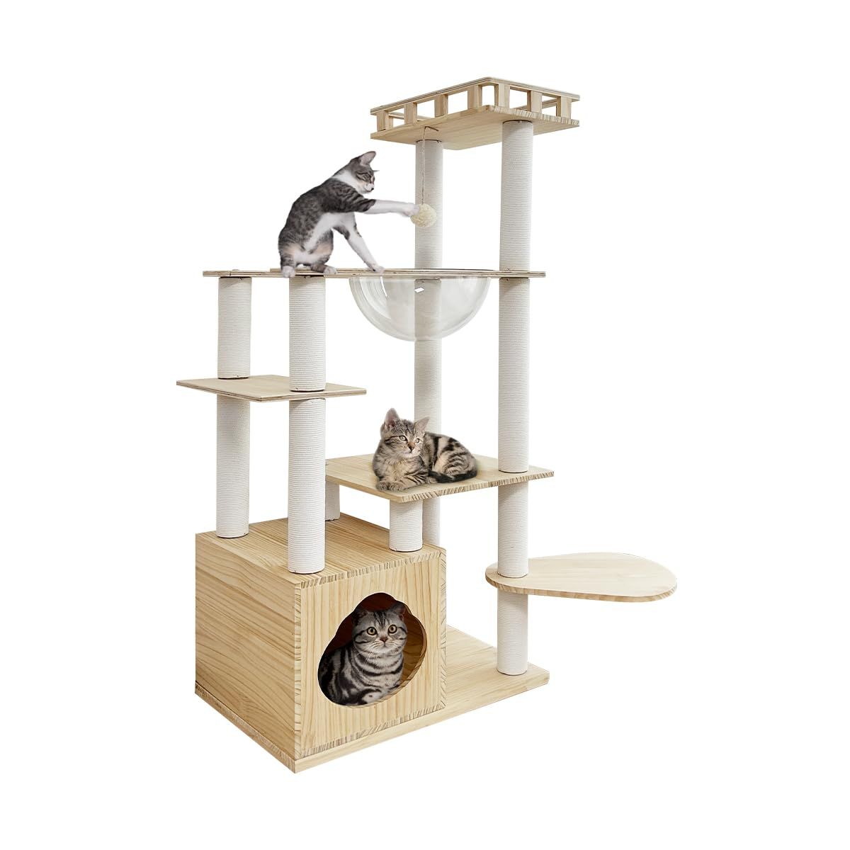 ★新品★日本メーカー RAKU 木製キャットタワー 透明宇宙船 多頭飼い 据え置き型 猫タワー 丸角設計 猫 爪とぎポール おもちゃ ねこハウス 落下防止柵付 おしゃれ 高い安定性 お手入れ簡単 運動不足解消 中敷クッション付き 112 CM (木製タイプC)