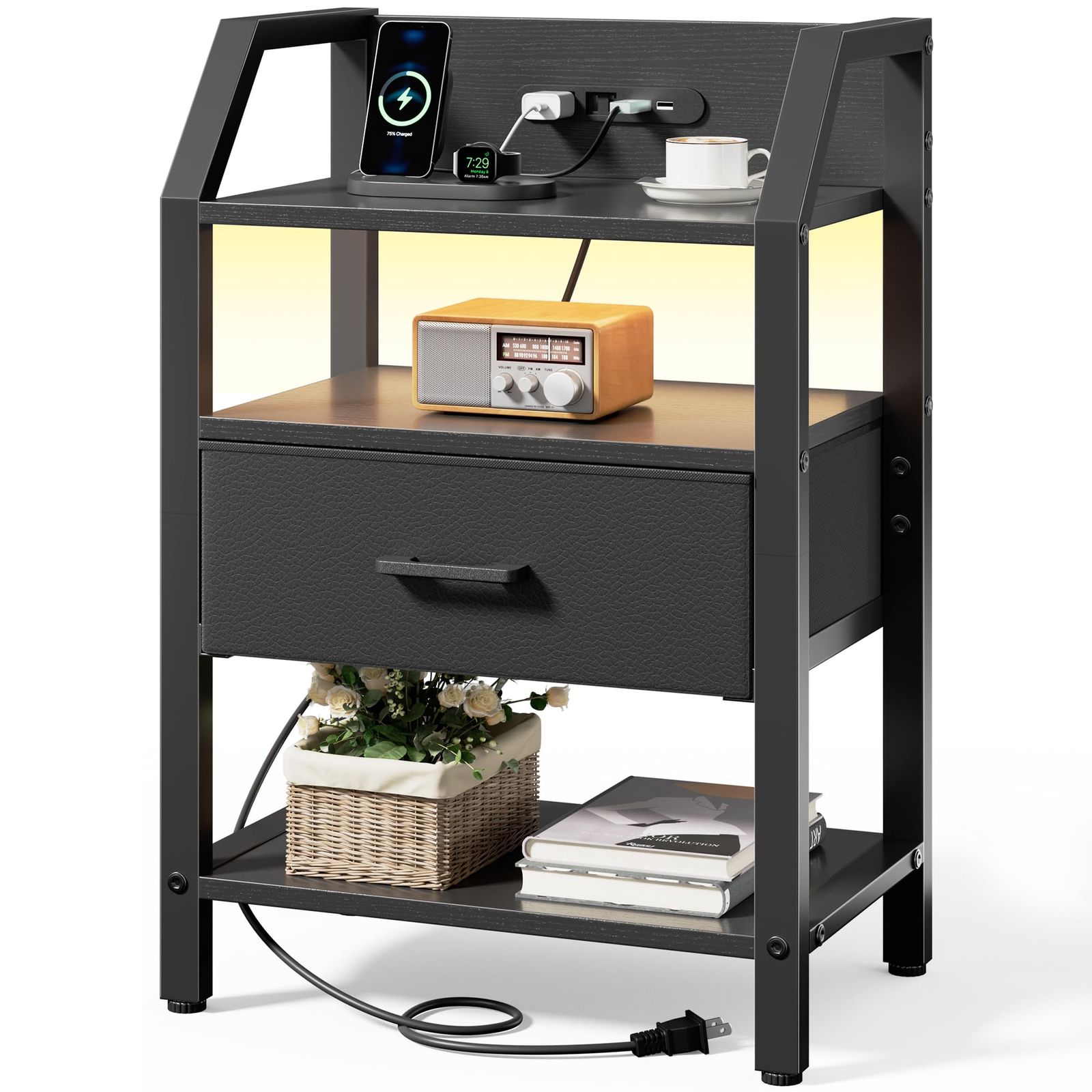 HLDIRECT サイドテーブル電源コンセント付き ナイトスタンド LEDライト内蔵 40×30×66cm 寝室リビング用サイドテーブル引き出しつ付きおしゃれなミニテーブル収納機能付き 組み立て簡単コンパクト(?)ｍａ
