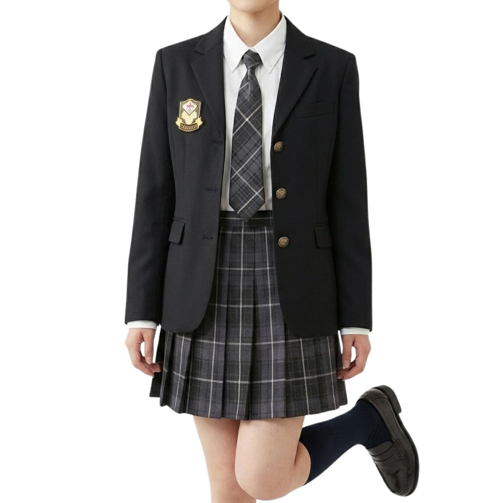 [CosMisty] 女子高生 制服 5点セット JK ブレザー スカート リボン シャツ ブラウス ワッペン付き スクール ファッション 学生服 コスプレ 文化祭 体育祭 ハロウィン 撮影 イベント 長袖 グレー S-XL (L) [L]