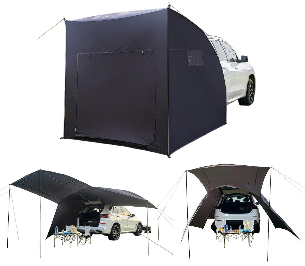 ★新品★カーサイドタープ カーサイドテント 車中泊 テント バックゲートテント 2WAY 4-6人用 メッシュ窓 虫除け 更衣室 遮光 防水 キャンプ アウトドア 設営一式付属 日本語説明書 (2.45*2*2m ブラック)