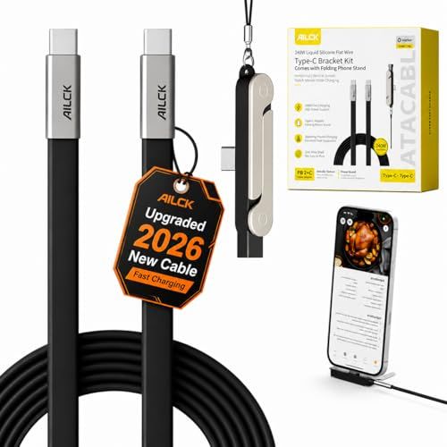 2イン1 取り外し可能 240W 超高速充電 5フィート 90度 USB - Cケーブル 携帯電話充電器付き 見えないスタンド&電話ケース対応 直角横向きフラット充電ケーブル 車 旅行 ゲーム用 (ブラック)送料無料