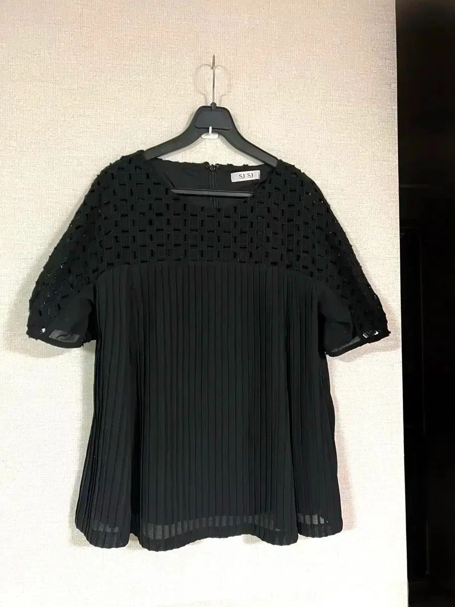 ハンサム SJSJ エンブロイダリー プリーツ 半袖ブラウス シースルー エンブロイダリー レース 刺繍 バイカラー レディース 夏 Tシャツ
