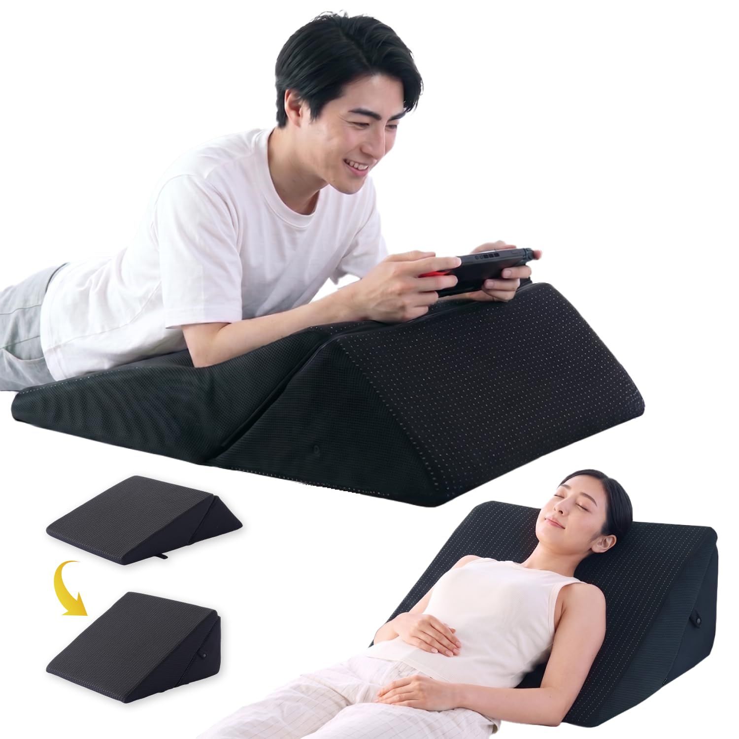 GOKUMIN クッション 三角クッション 傾斜サポート 2段階角度 17度×25度 高密度35D 抗菌防臭 洗えるカバー 背もたれ 読書 介護 マタニティ ギフト（W62cm/ブラック）G-SAPIｍａ