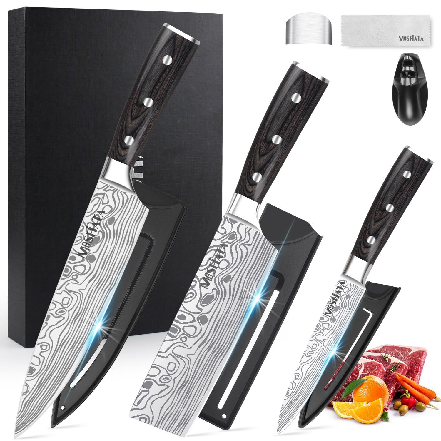 ☆新品☆MOSFiATA 包丁セット、ドイツEN.4116高炭素ステンレス鋼製、Micarta木製ハンドル付き、家庭用多機能包丁セット?菜刀・牛刀・万能刀・肉、果物、野菜を切るバーベキューナイフ（3PCS） e4322bc3 7,157円