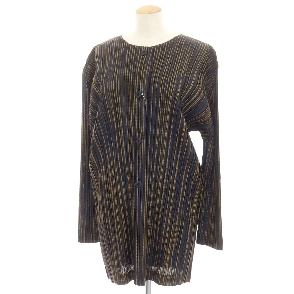 【中古】プリーツプリーズ PLEATS PLEASE 2024年秋冬 プリーツ ノーカラーブルゾン ブラックxマスタード【サイズ表記なし（L位）】【レディース】