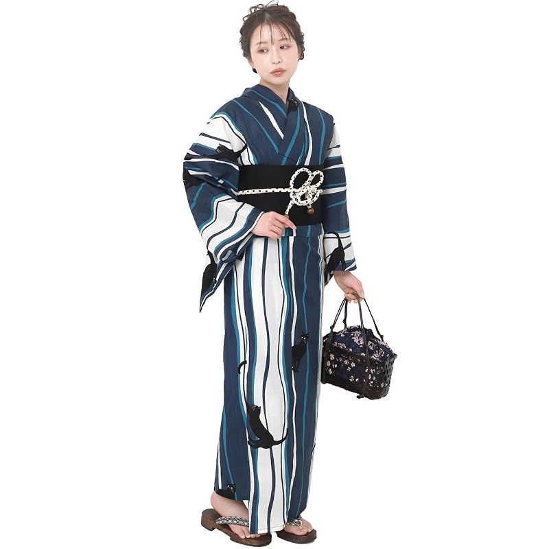 [Fuuka] 風香 浴衣 レディース 二部式 セパレート ワンタッチ 作り帯 2点 セット フリーサイズ 猫縞 ターコイズ (作り帯/日本製/黒)X50H0419 17,039円