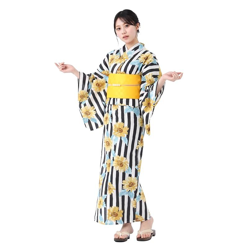 [たゆたふ / TAYU-TAFU] セパレート浴衣 作り帯 2点 セット セパレートタイプ 簡単 着付け 二部式 ゆかた レディース 花火大会 夏祭り M 縦縞ひまわり