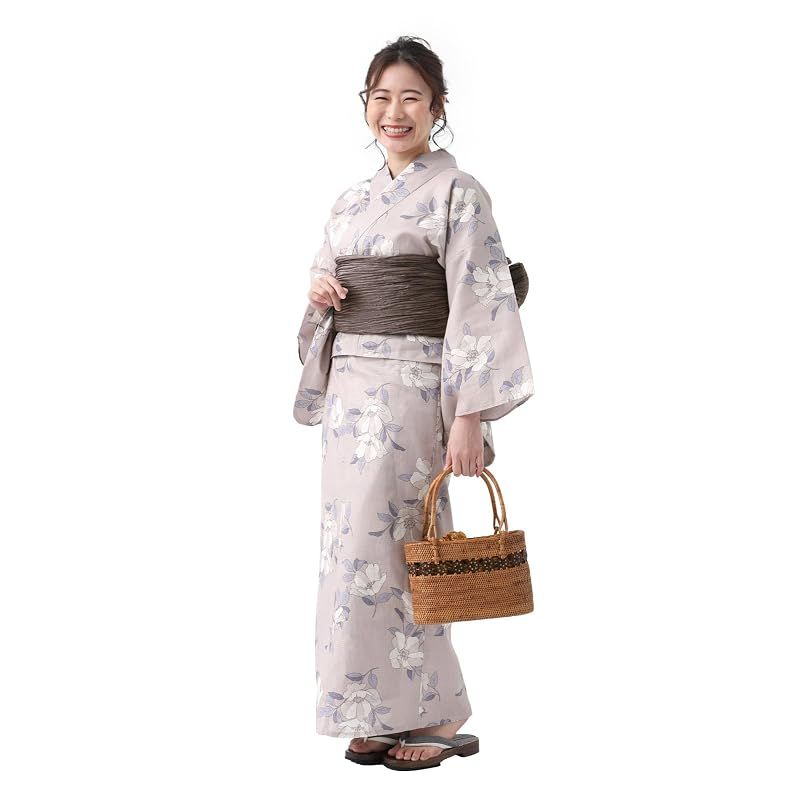 [たゆたふ] セパレート浴衣 3点 セット 帯 下駄 花柄 簡単 二部式 兵児帯 浴衣セット レディース かわいい おしゃれ 花火大会 夏祭り 小さいサイズ 大きいサイズ A グレージュ系ひなげし柄 L