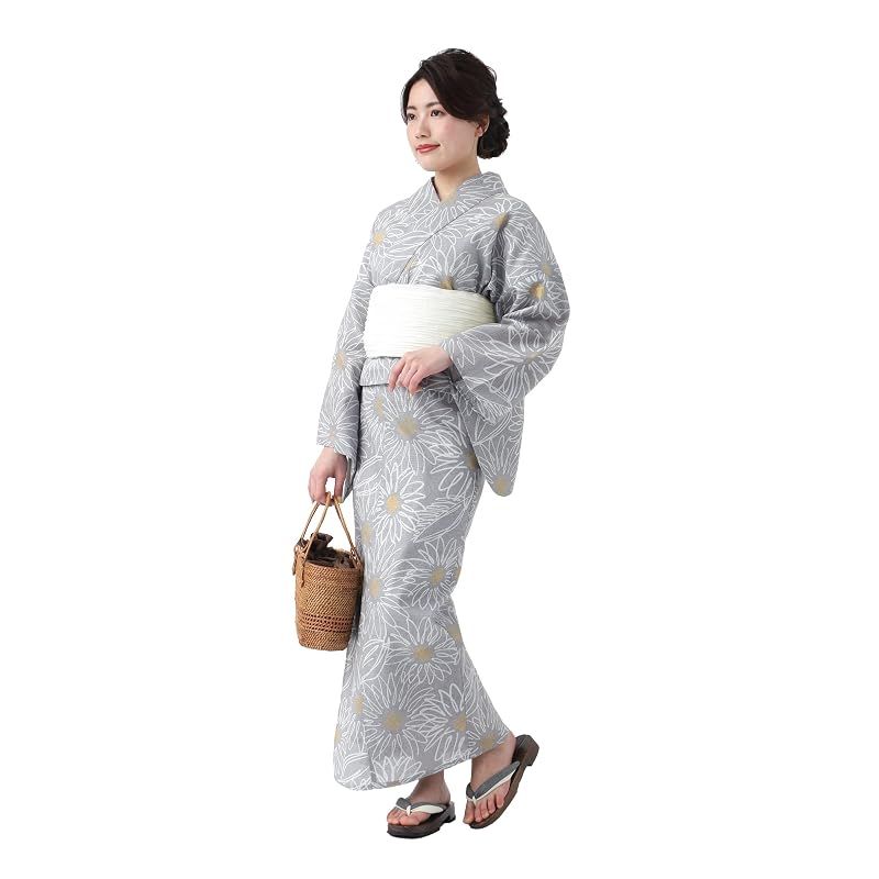 [たゆたふ] セパレート浴衣 3点 セット 帯 下駄 花柄 簡単 二部式 兵児帯 浴衣セット レディース かわいい おしゃれ 花火大会 夏祭り 小さいサイズ 大きいサイズ A グレー系ひまわり柄 L