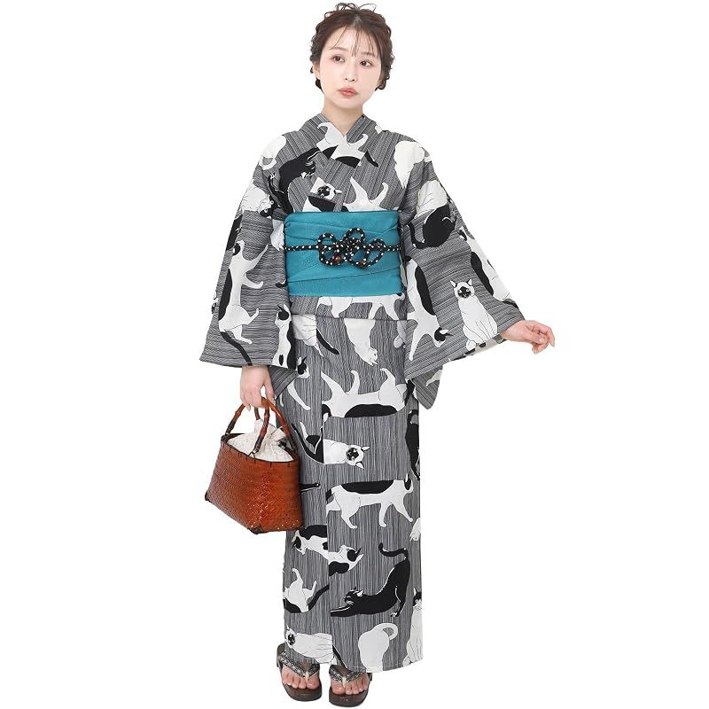 [Fuuka] 風香 浴衣 レディース 二部式 兵児帯 2点セット セパレート フリーサイズ 猫 モノトーン (兵児帯/日本製/ターコイズ)X50H03B167