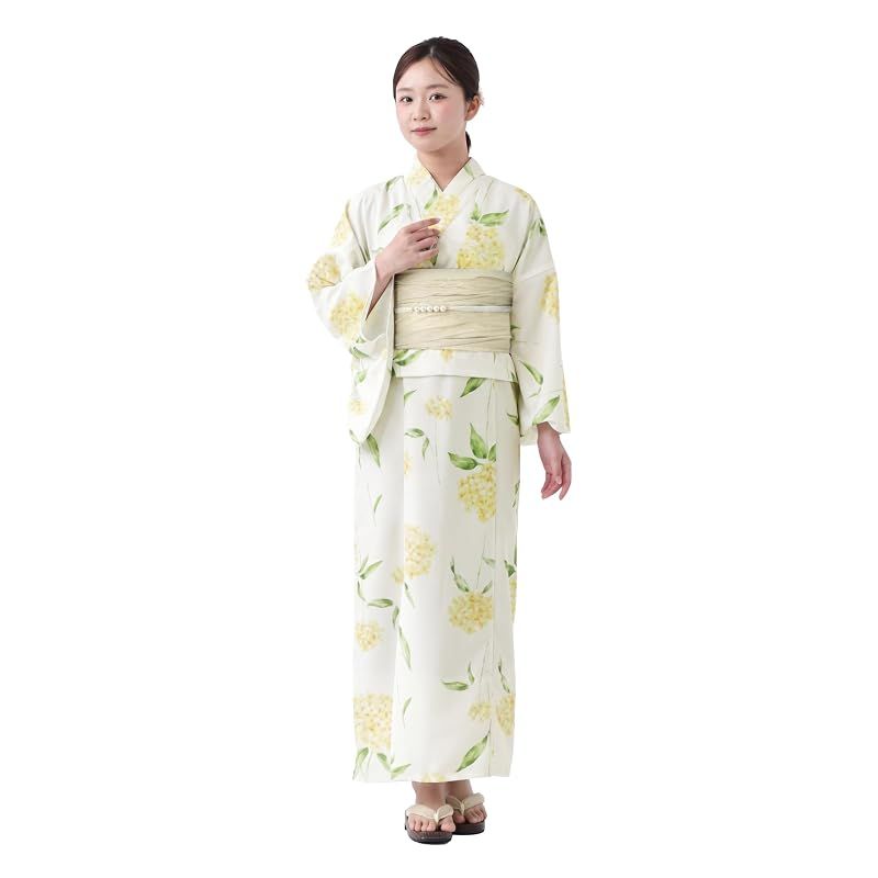 [たゆたふ] セパレート浴衣 3点 セット 帯 下駄 花柄 簡単 二部式 兵児帯 浴衣セット レディース かわいい おしゃれ 花火大会 夏祭り 小さいサイズ 大きいサイズ (B クリーム地 アジサイ, M)