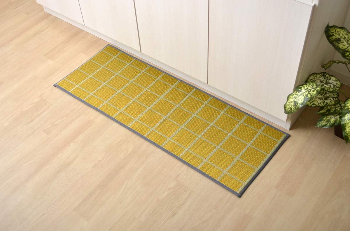 新品 イケヒコ い草 畳 マット い草キッチンマットチェック 約60×270cm イエロー 国産い草使用 滑りにくい加工 シンプルデザイン #8239980