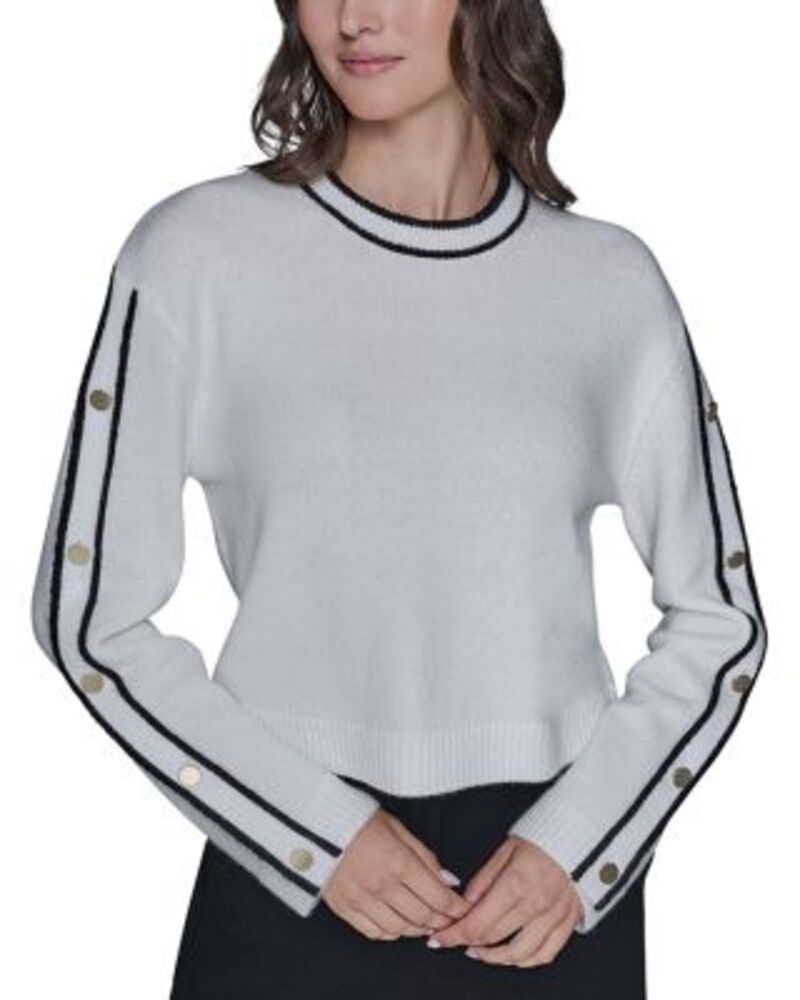 カール ラガーフェルド レディース アウター ニット・セーター クルーネック KARLAGERFELD PARIStriped Sleeve Crewneck Sweater Soft White ホ